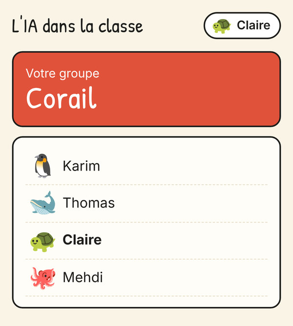 Le téléphone de Claire : Votre groupe Corail, avec Karim, Thomas, Claire et Mehdi