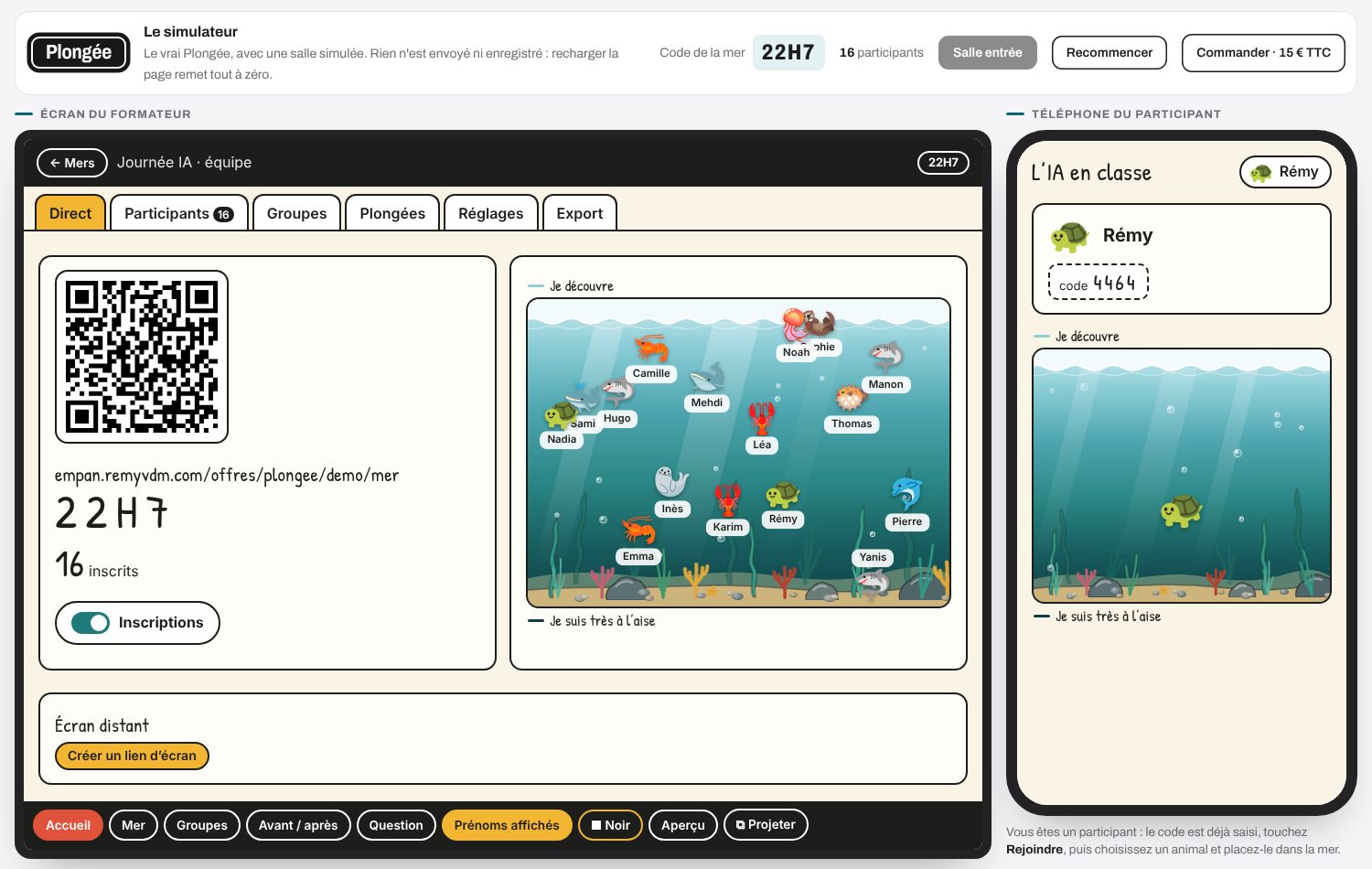 Le simulateur : l'écran du formateur avec seize participants dans la mer, et le téléphone d'un participant